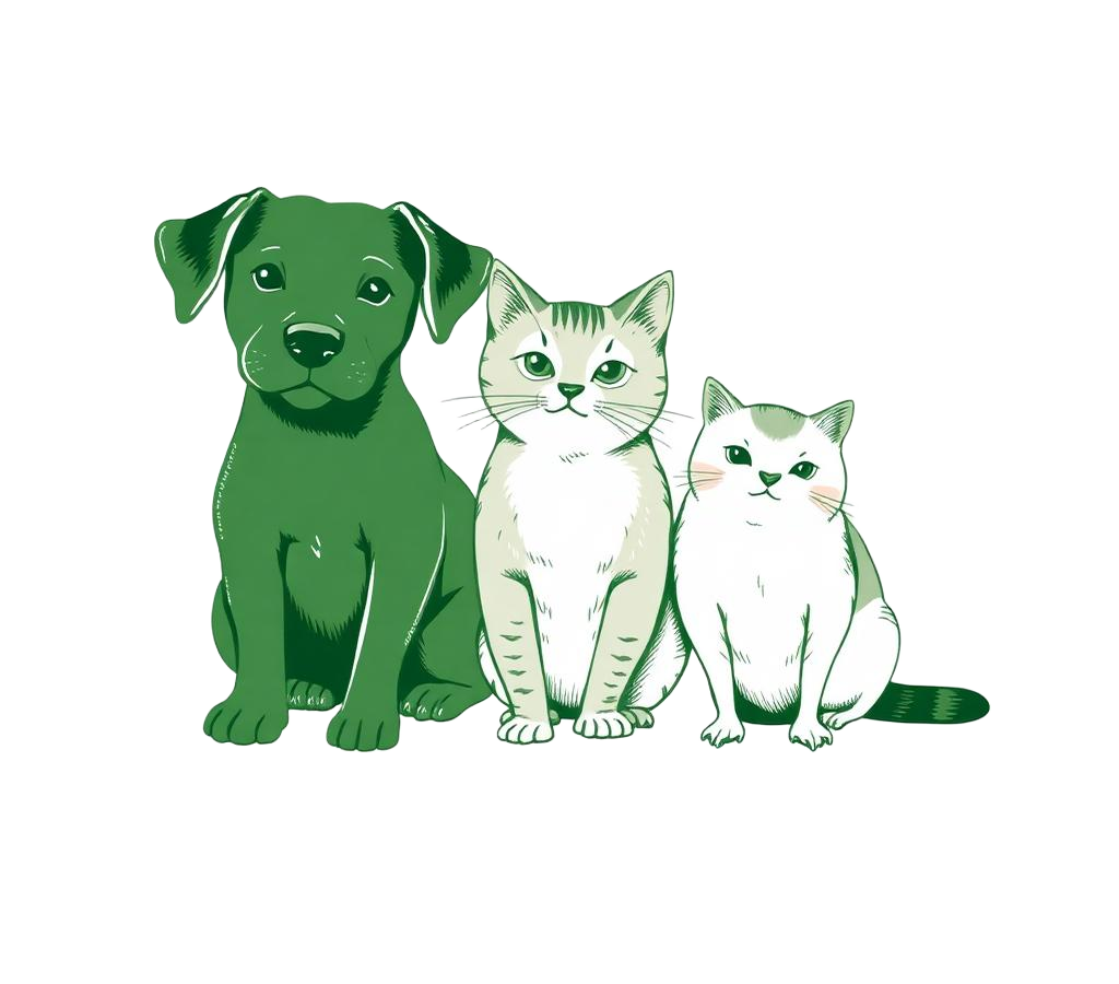 Ilustração monocromática verde de cão e gatos