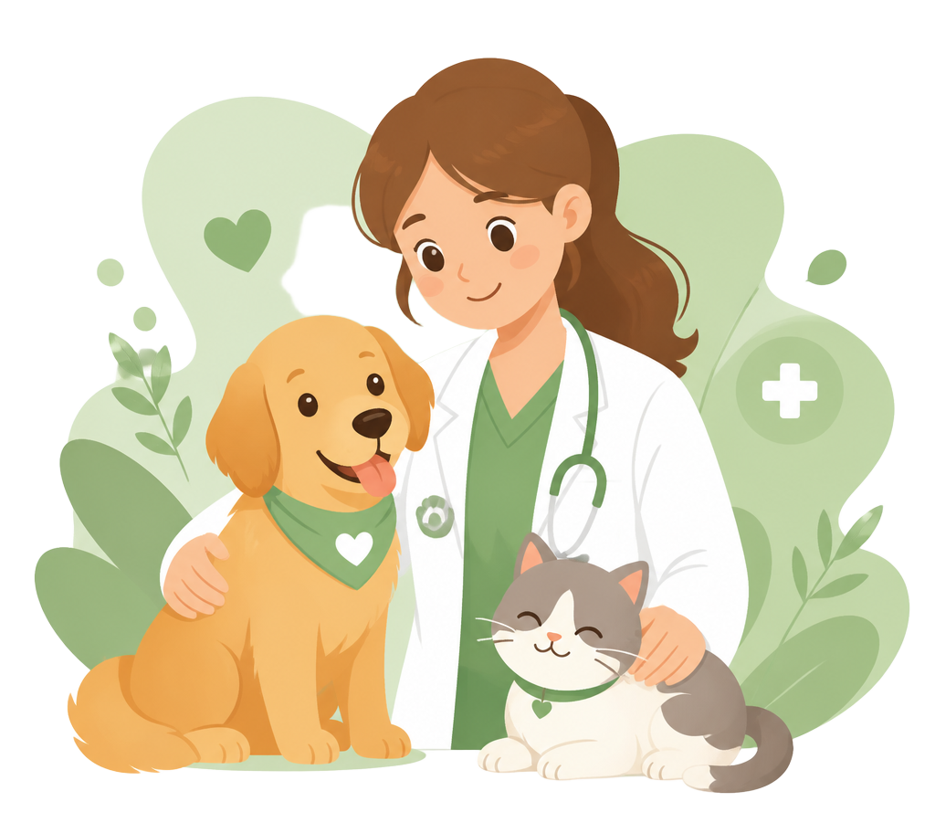 Ilustração de veterinária a cuidar de um cão e um gato